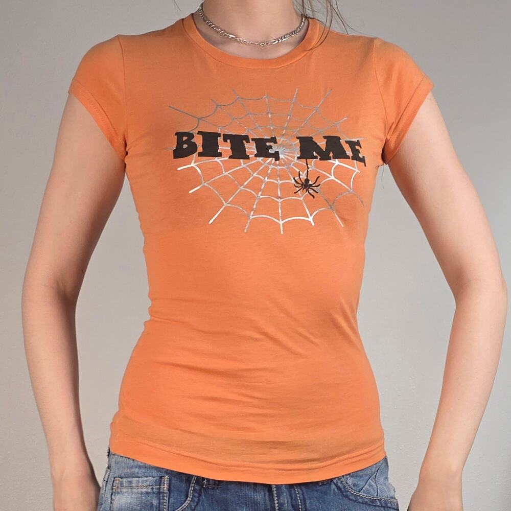 Y2K Bite Me Spiderweb Halloween Baby Tee Orange Rue 21